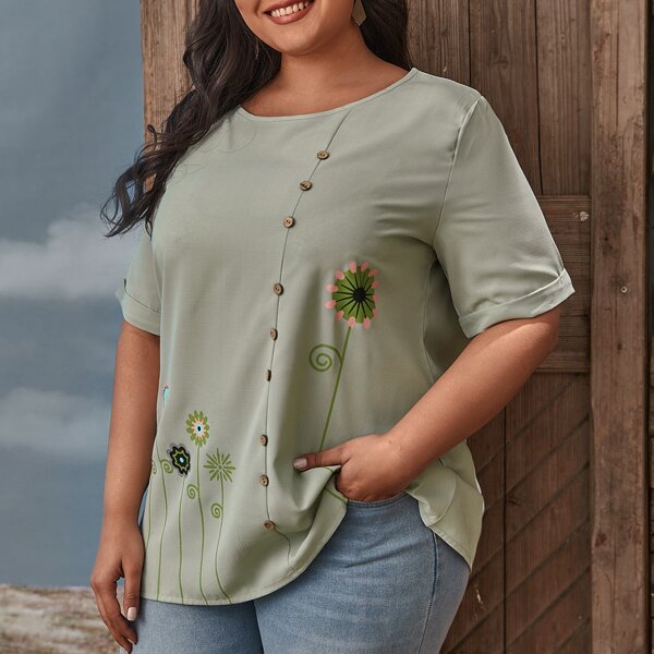 

Plus Floral Print Button Detail Blouse, Lime green