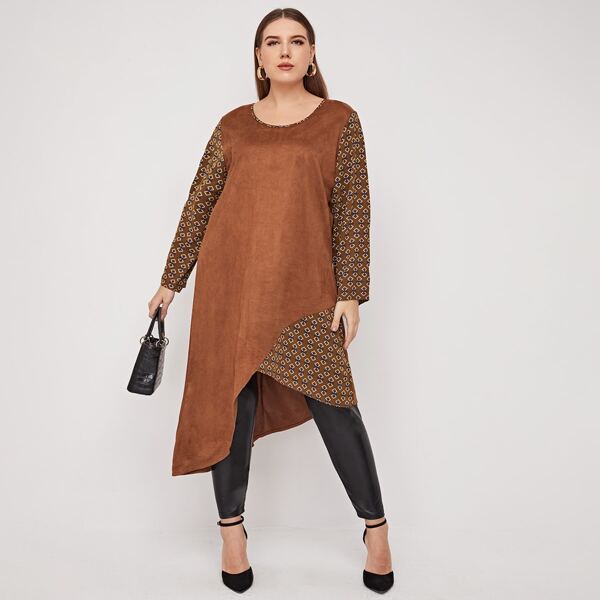 

Plus Contrast Panel Asymmetrical Longline Blouse, Brown