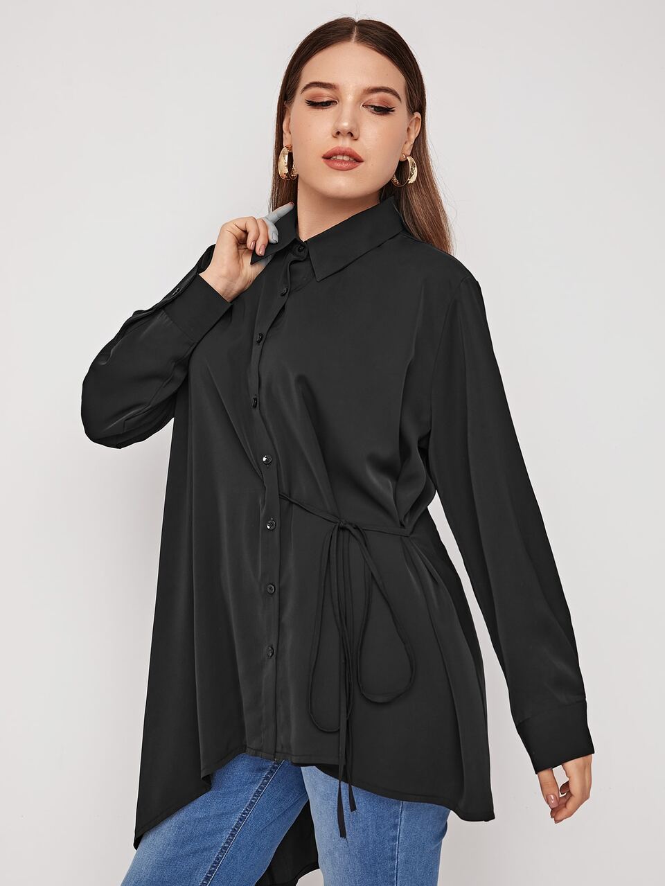 Plus Solid Knot Side Longline Blouse