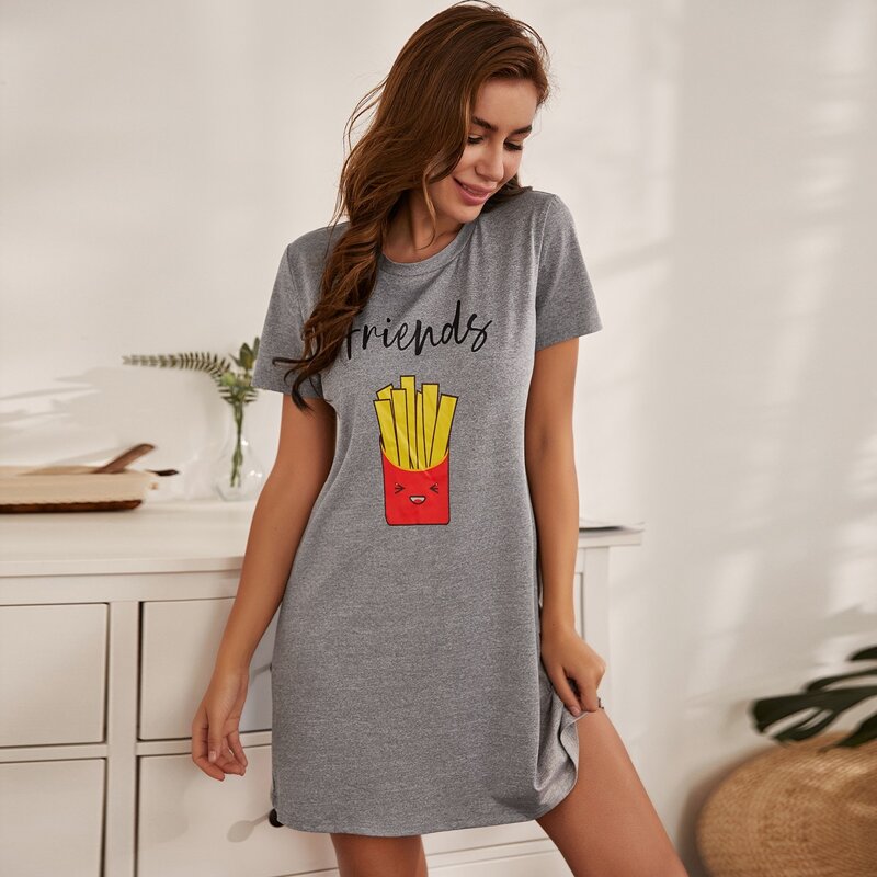 

Space Dye Cartoon & Letter Graphic Night Dress, Grey