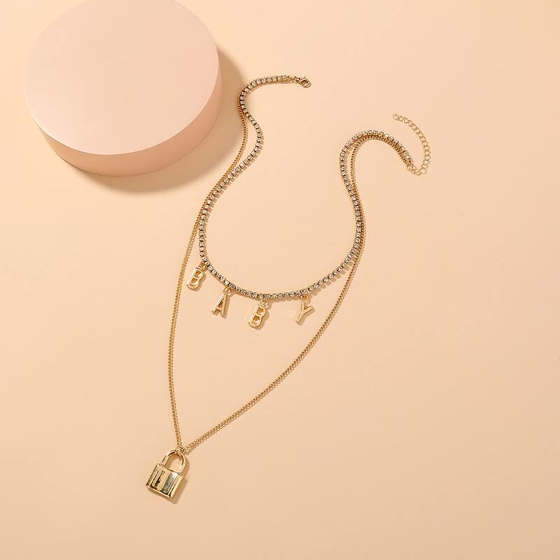 

Rhinestone & Lock Decor Layered Necklace, Gold