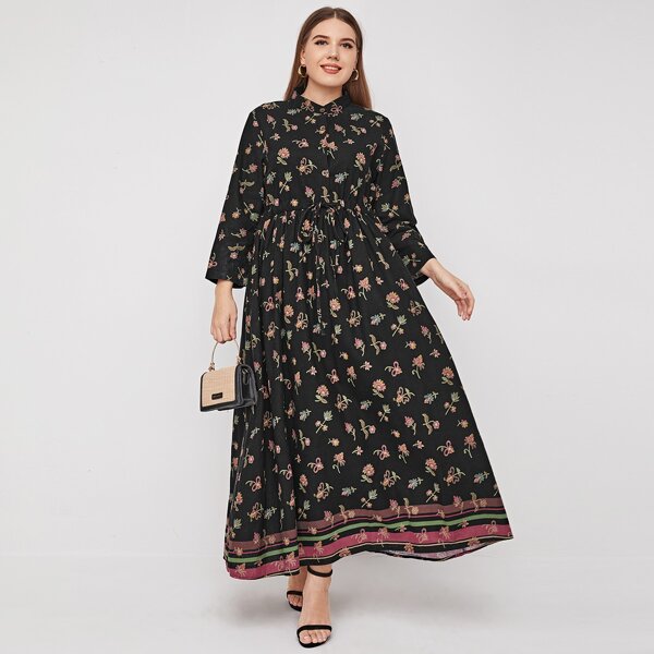 

Plus Floral Print Drawstring Waist Dress, Black