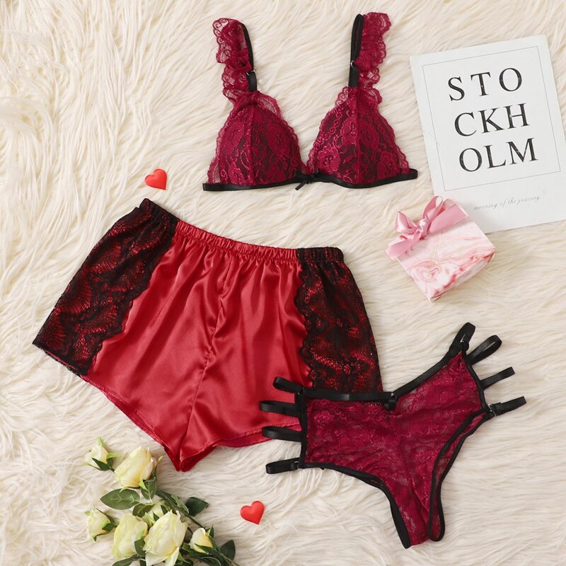 

Lace Cutout Lingerie Set & Satin Shorts, Red
