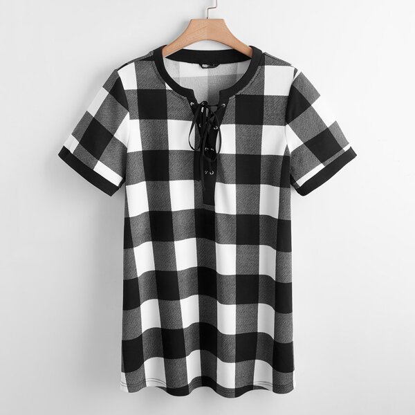

Plus Buffalo Plaid Lase Up Tee, Black and white