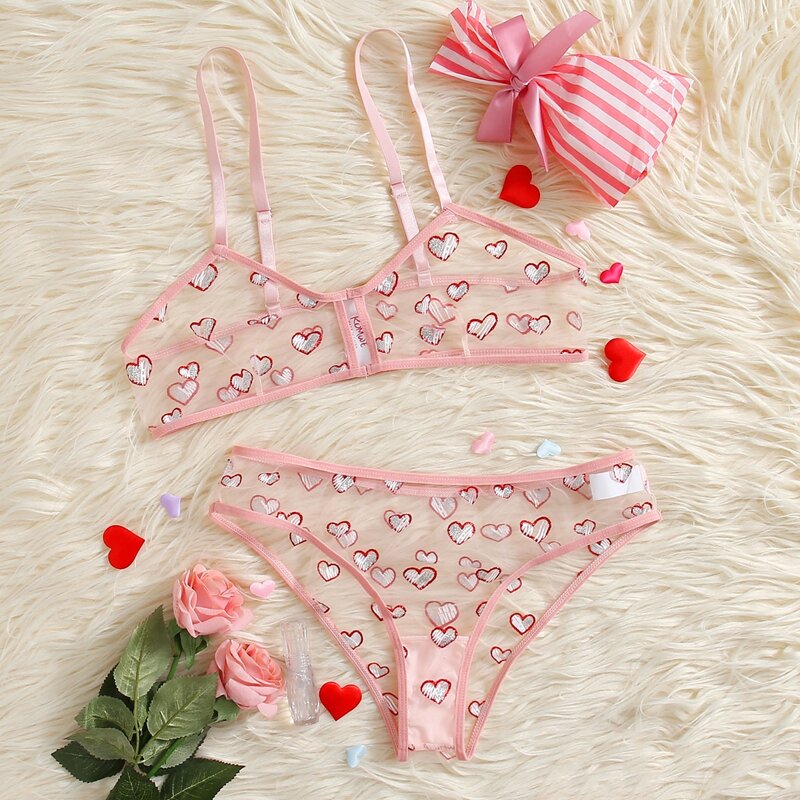 

Heart Sheer Mesh Lingerie Set, Baby pink