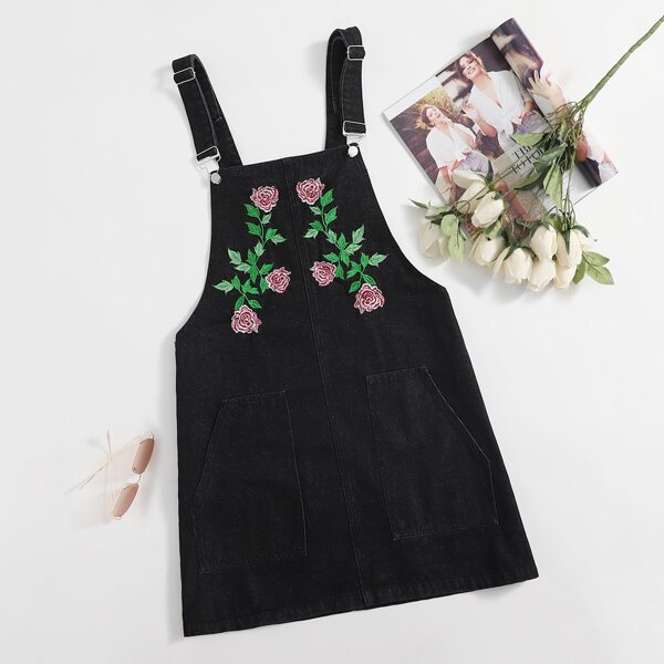 

Plus Embroidered Flower Denim Overall Dress, Black