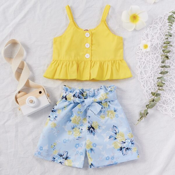 

Baby Girl Ruffle Hem Cami Top With Floral Print Belted Shorts, Multicolor
