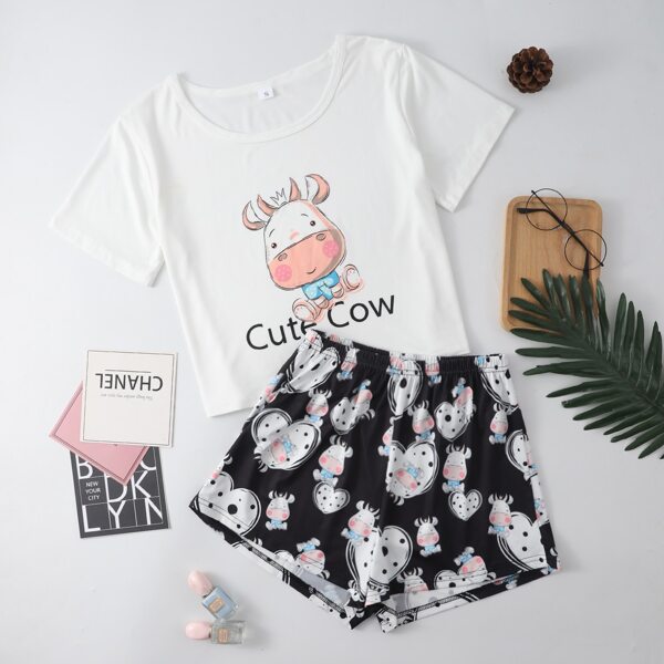 

Letter And Cartoon Graphic Pajama Set, Black and white