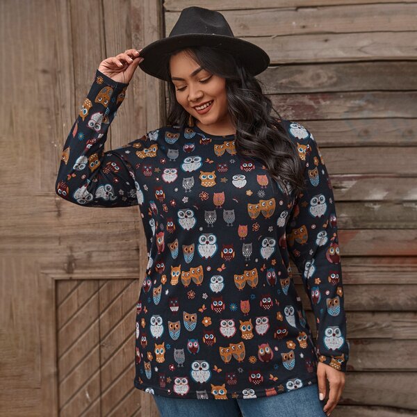 

Plus Allover Cartoon Night Owl Print Tee, Multicolor