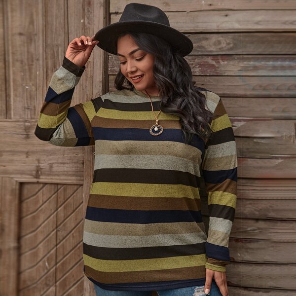 

Plus Striped Round Neck Tee, Multicolor
