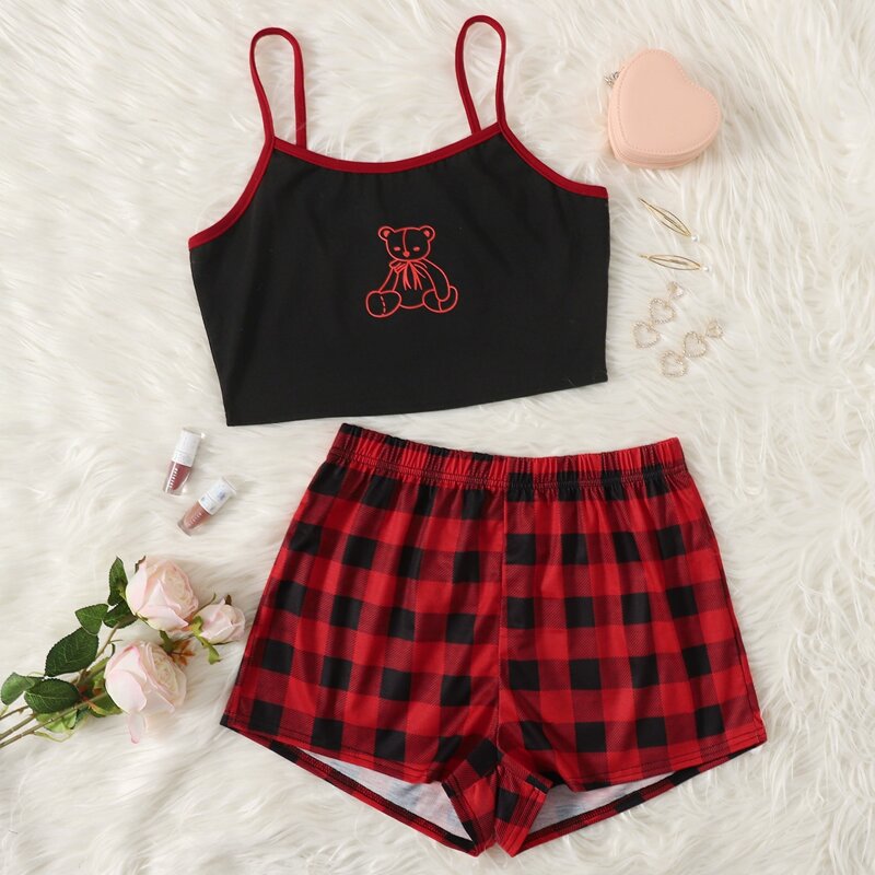 

Bear Print Cami & Gingham Shorts PJ Set, Multicolor