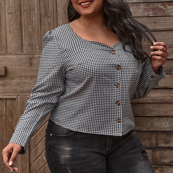 

Plus Plaid Sweetheart Neck Button Up Blouse, Black and white