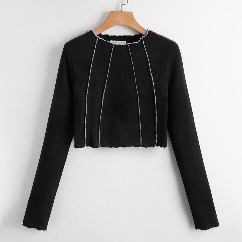 

Contrast Binding Ribbed Crop Tee, Black