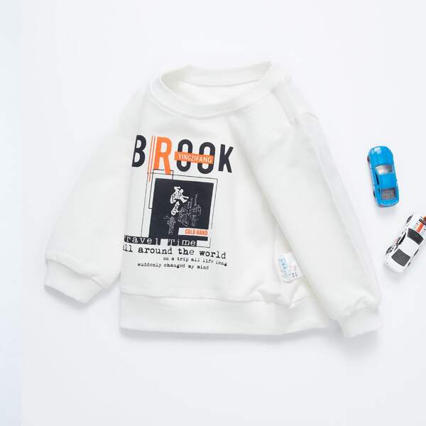 

Toddler Boy Round Neck Letter & Graphic Print Pullover, White