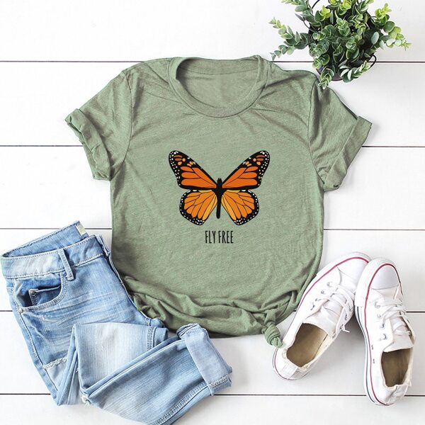 

Butterfly And Slogan Graphic Tee, Army green
