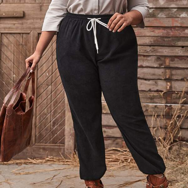 

Plus Corduroy Drawstring Waist Pants, Black