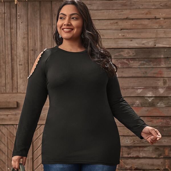 

Plus Pearls Beaded Cold Shoulder Tee, Black
