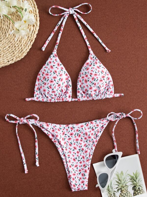 Swim Mod Summer Beach Ditsy Floral Triangle Tie Side Bikini Set