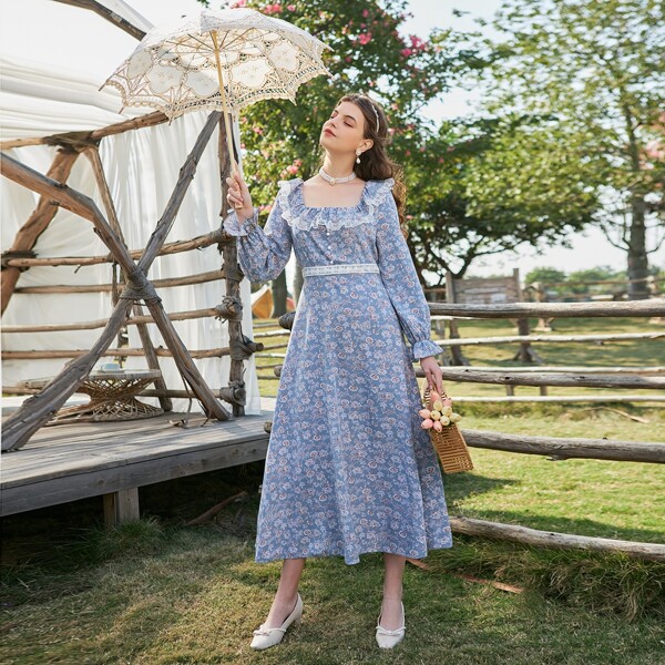 

Lace Panel Floral Print A-line Dress, Dusty blue