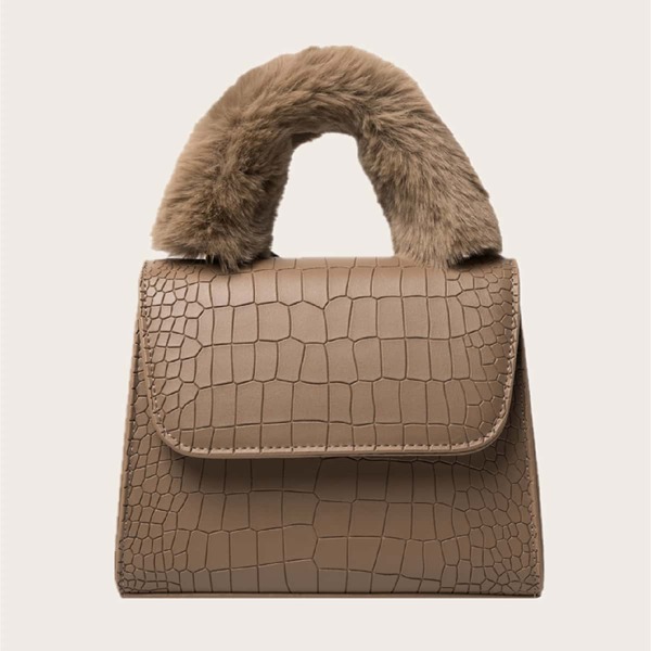 

Handle Croc Embossed Satchel Bag, Mocha brown