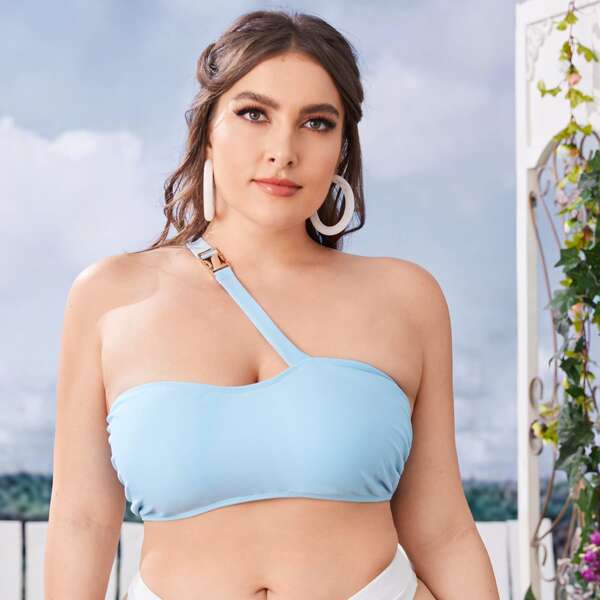 

Plus Release Buckle One Shoulder Bikini Top, Pastel baby blue