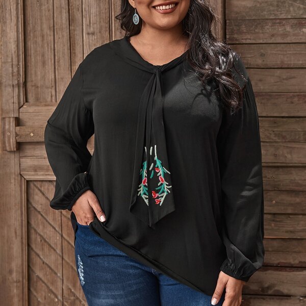 

Plus Embroidery Tie Neck Blouse, Black