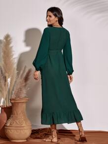 SHEIN Belle Ruffle Hem Tie Side Wrap Dress - Dark Green - View 2