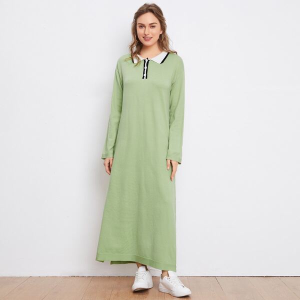 

Polo Collar Drop Shoulder Split Hem Sweater Dress, Mint green