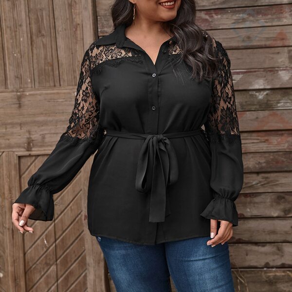 

Plus Lace Panel Flounce Sleeve Belted Blouse, Black