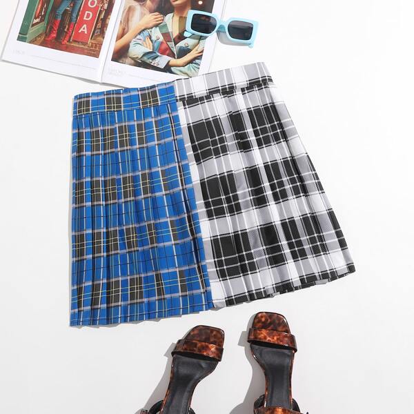 

Plus Colorblock Plaid Pleated Skirt, Multicolor