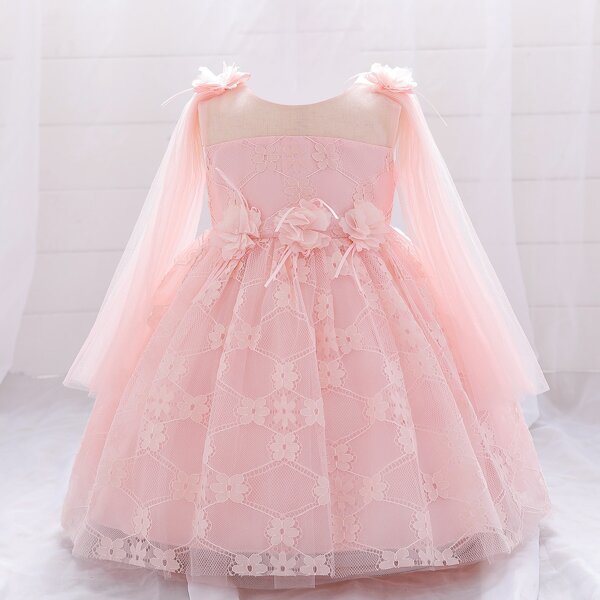 

Baby Girl Appliques Mesh Ribbon Lace Gown Dress, Baby pink
