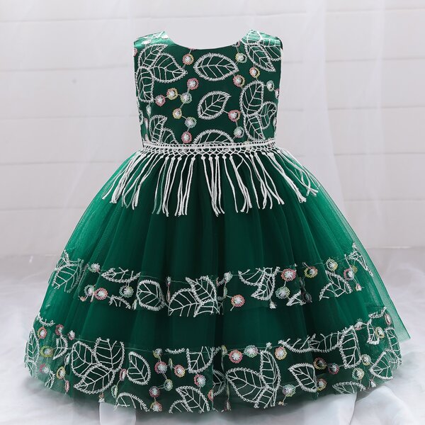 

Baby Girl Embroidery Mesh Fringe Tie Back Gown Dress, Green