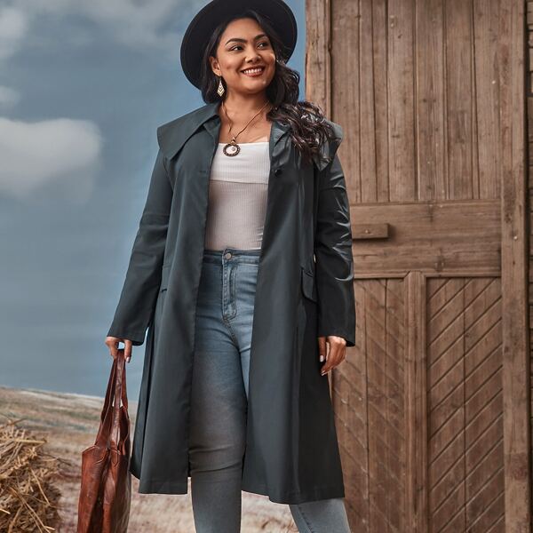 

Plus Single Button Peter Pan Collar Belted Trench Coat, Dusty blue