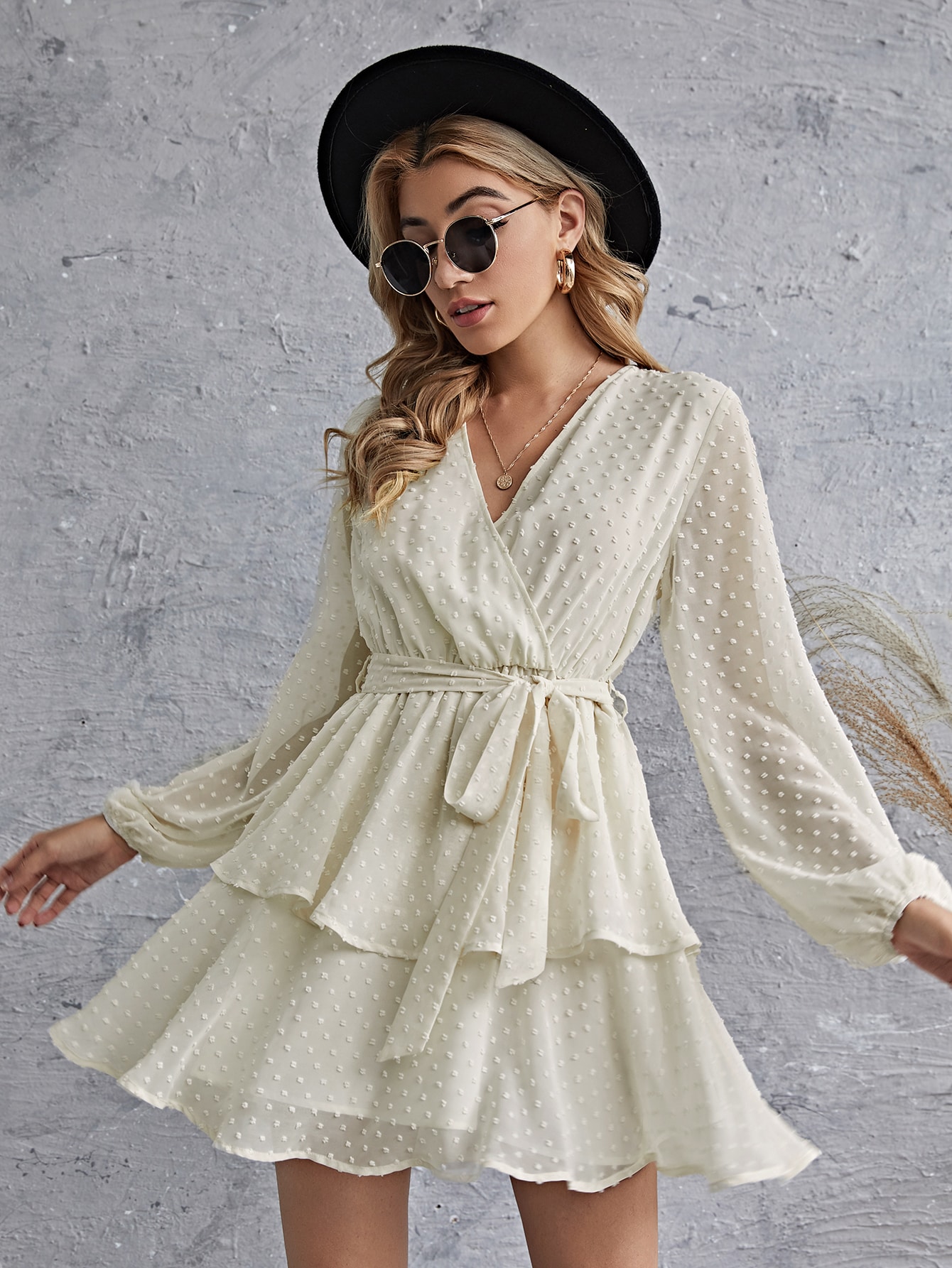 Lantern Sleeve Self Belted Swiss Dot Layered Dress thumbnail