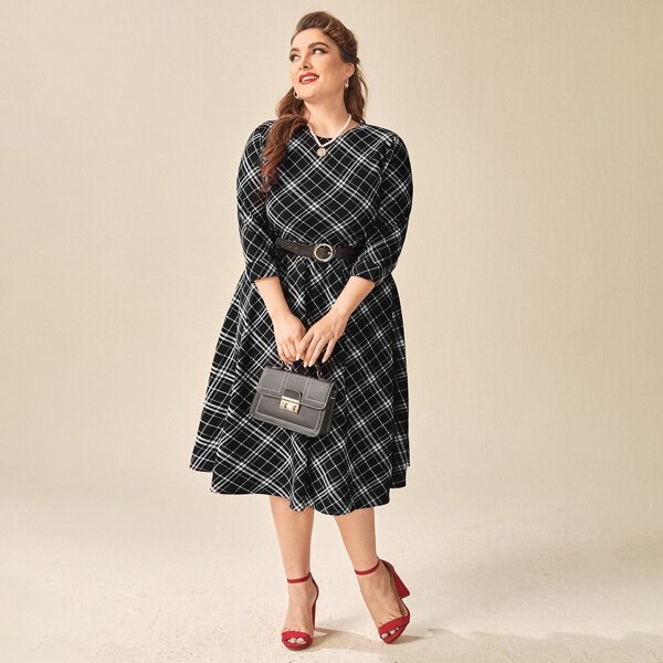 

Plus Plaid A-Line Midi Dress Without Belt, Black