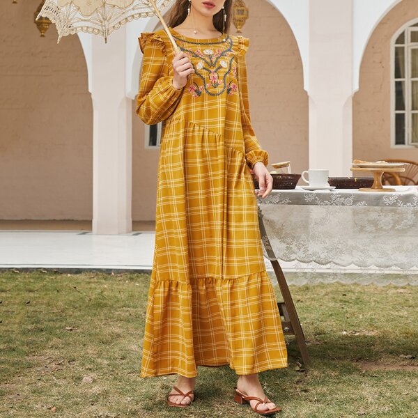 

Floral Embroidery Ruffle Trim Plaid Dress, Mustard yellow