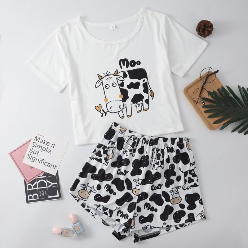 

Cartoon Cow & Letter Graphic Pajama Set, Black and white
