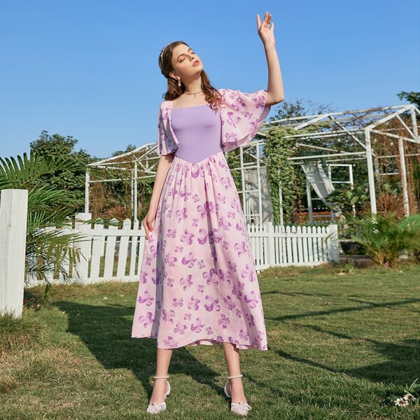 

Floral Flutter Sleeve A-line Dress, Purple