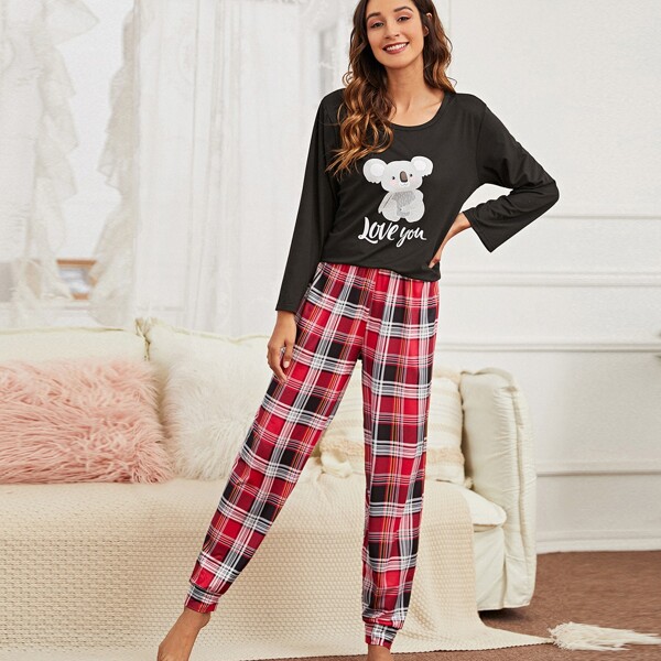 

Cartoon & Slogan Graphic Tee & Plaid Pants Pajama Set, Multicolor