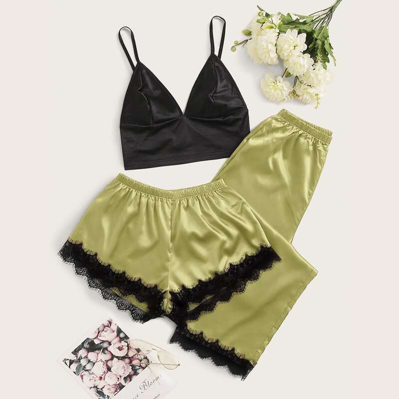 

3pcs Lace Trim Satin PJ Set, Olive green
