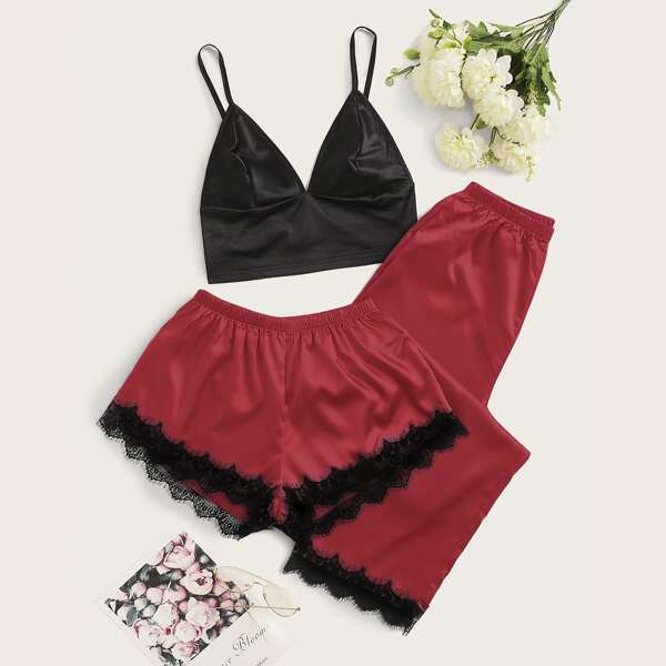 

3pcs Lace Trim Satin PJ Set, Burgundy