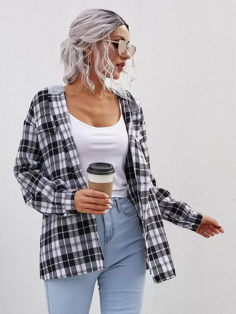 SHEIN LUNE Tartan Plaid Drawstring Hooded Coat - Black and White - View 1