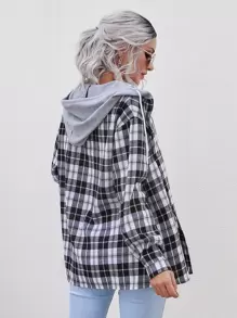 SHEIN LUNE Tartan Plaid Drawstring Hooded Coat - Black and White - View 2