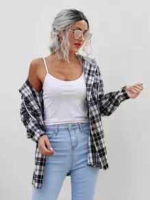 SHEIN LUNE Tartan Plaid Drawstring Hooded Coat - Black and White - View 4