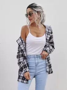 SHEIN LUNE Tartan Plaid Drawstring Hooded Coat - Black and White - View 5