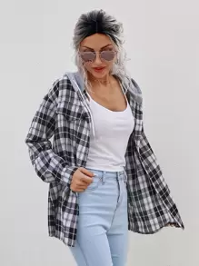 SHEIN LUNE Tartan Plaid Drawstring Hooded Coat - Black and White - View 6