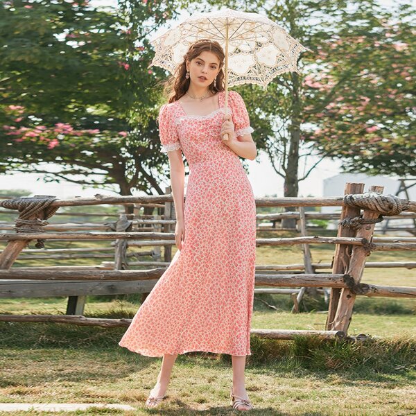 

Contrast Lace Ditsy Floral A-line Dress, Baby pink