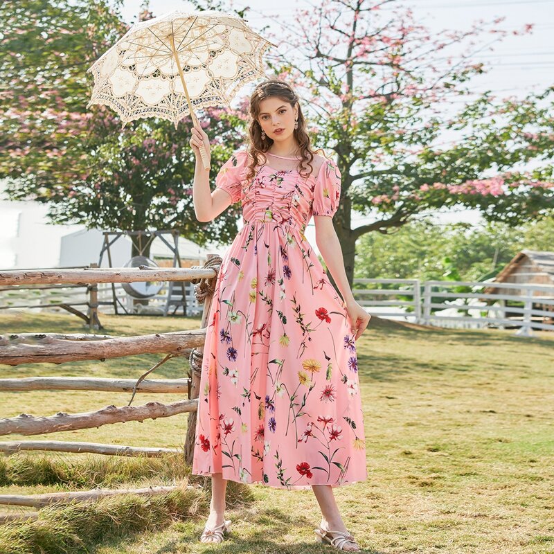 

Contrast Dobby Mesh Floral Ruched A-line Dress, Baby pink
