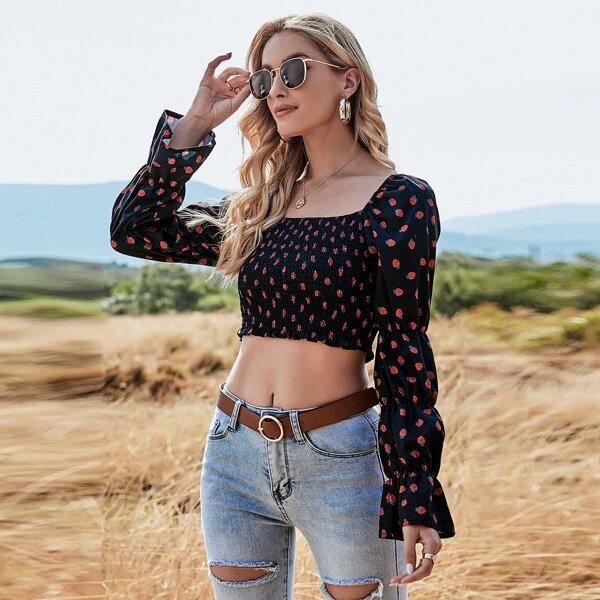 

Allover Strawberry Print Shirred Crop Top, Black