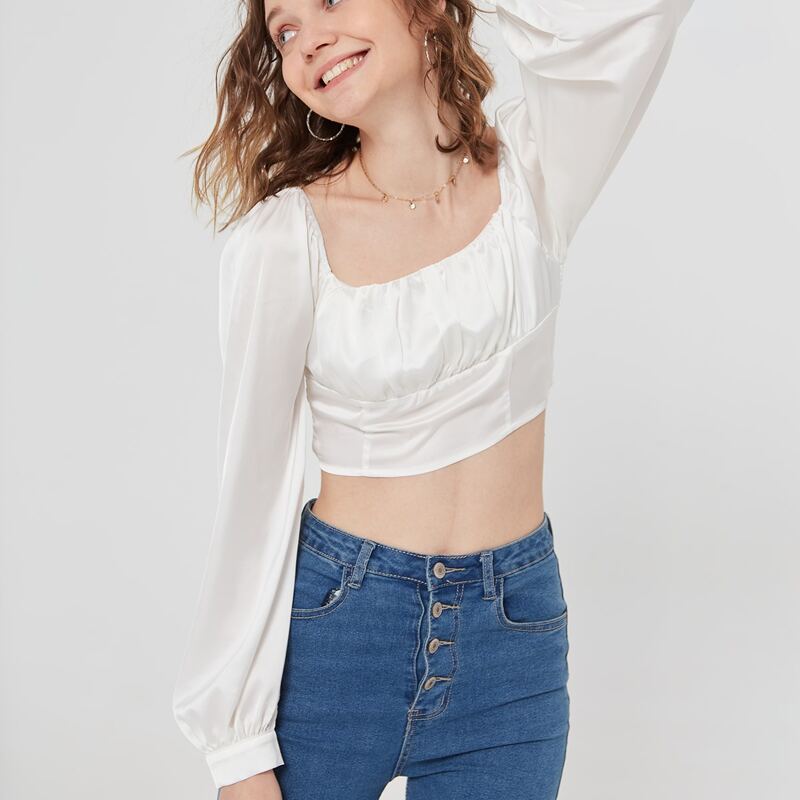 

Ruched Bust Lantern Sleeve Crop Satin Top, White